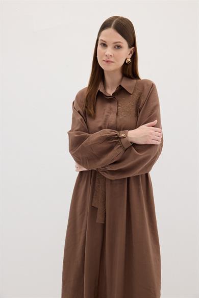 Nakışlı Modal Elbise Kahverengi