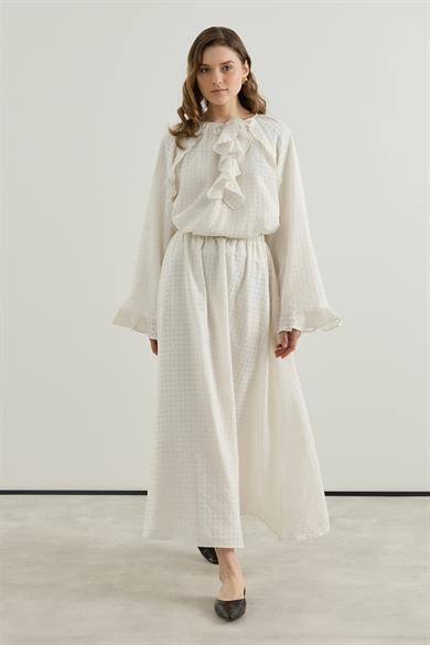 ---------- Volan Detaylı Bluz Etek Gofre Astarlı Takım Ekru