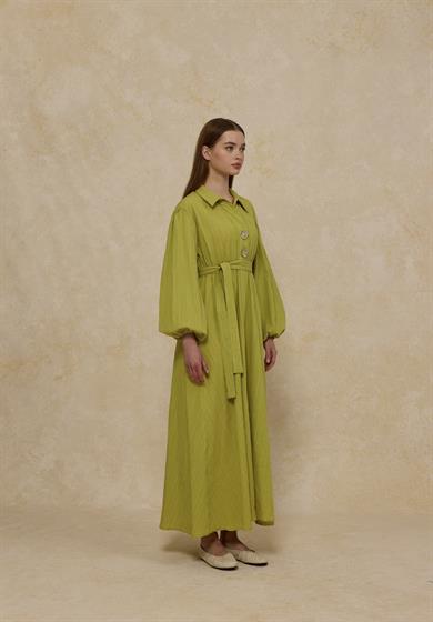 Bloom Bel Lastikli Büyük Düğmeli Elbise Yağ Yeşili