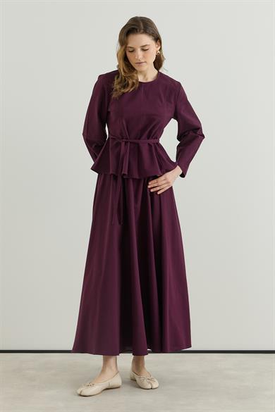 Bluzu Volanlı Etekli Keten Takım Bordo