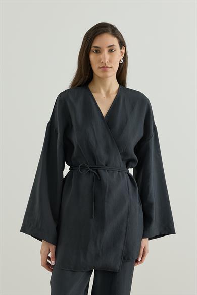 Anvelop Kapamalı Pantolonlu Kimono Takım Siyah