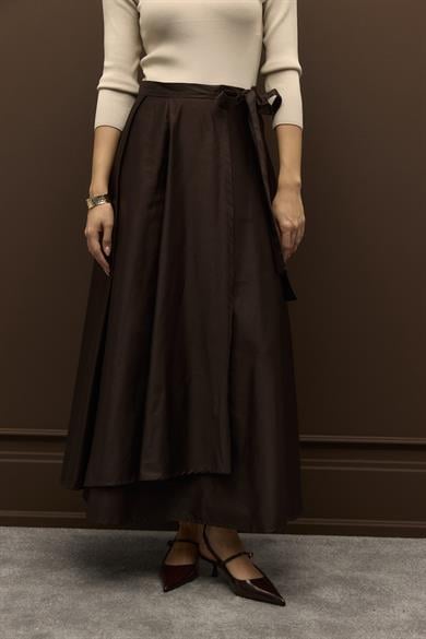 Anvelop Kapamalı Pamuk Gabardin Etek Kahverengi