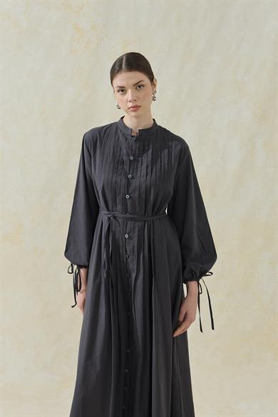 Nervürlü Astarlı Vual Elbise Füme