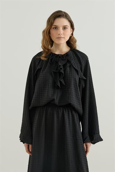 Volan Detaylı Bluz Etek Gofre Astarlı Takım Siyah