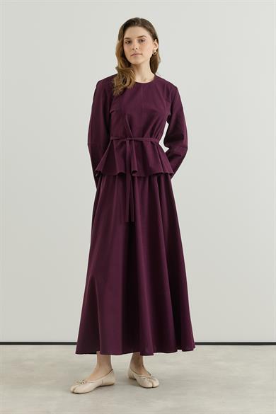 Bluzu Volanlı Etekli Keten Takım Bordo