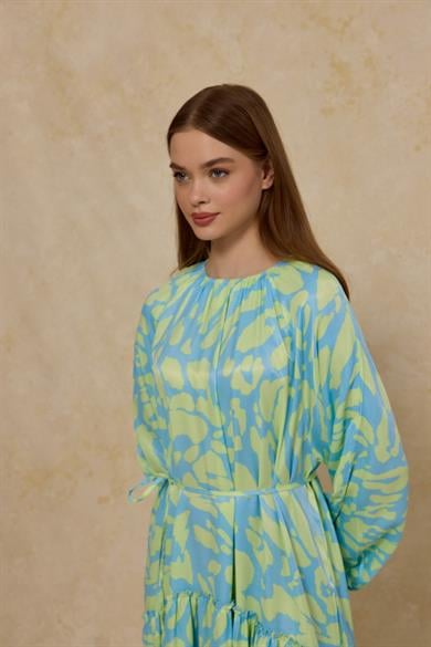 Mavi Yeşil Katlı Elbise