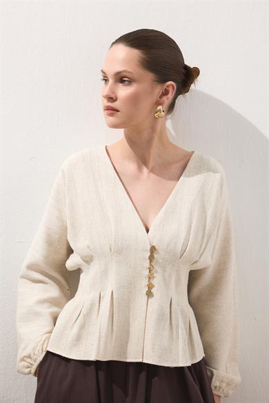 Pile Detaylı Keten Bluz