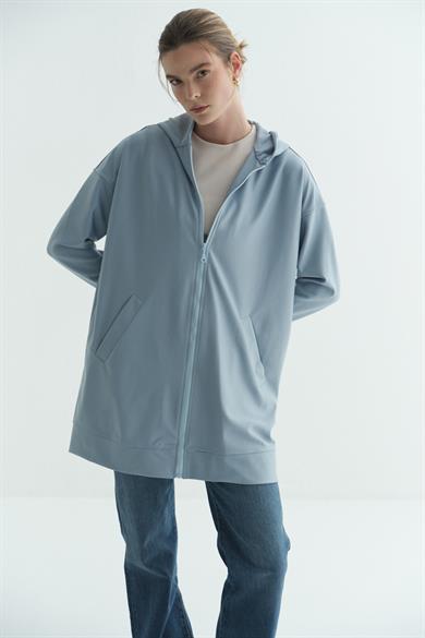 Kapüşonlu Fermuarlı Sweatshirt Mavi