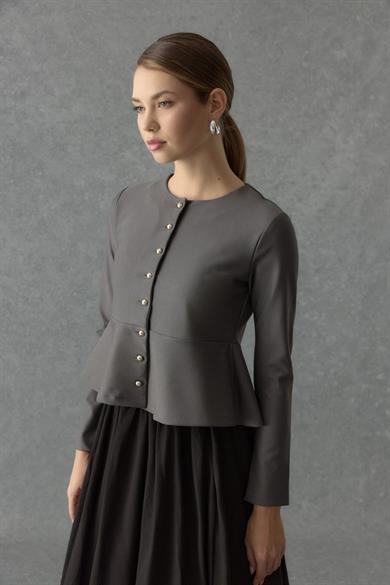 Çelik interlok Sık Düğmeli Volanlı Hırka Füme