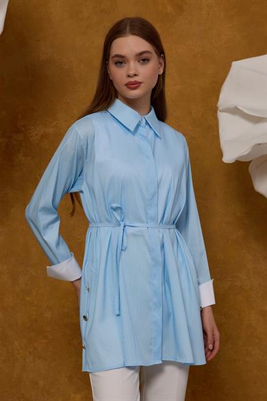 Eva Poplin Gömlek Mavi Beyaz Çizgili 