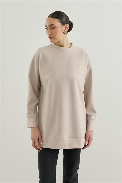 Üç İplik Kapüşonlu Fermuarlı Sweatshirt Taş