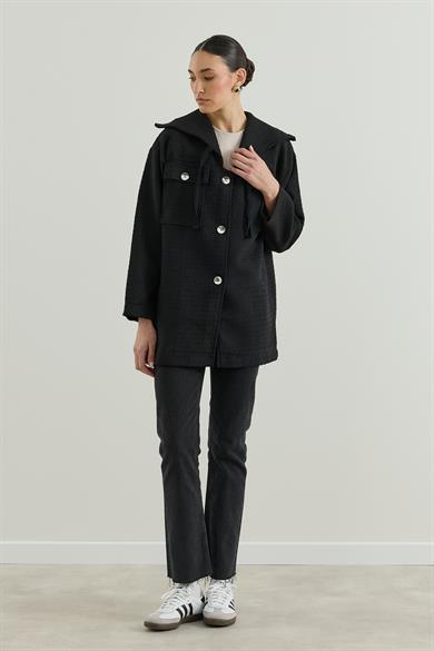 Geniş Yakalı Tüvit Ceket Siyah
