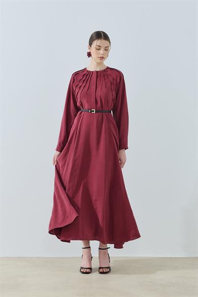 Godeli Nervürlü Elbise Bordo