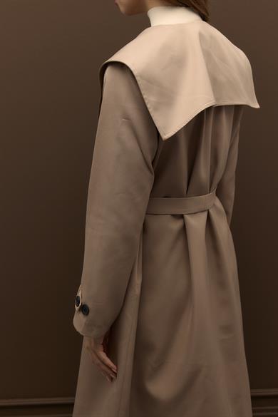 Elora Yaka Detaylı Pamuklu Gabardin Kruvaze Trençkot Vizon