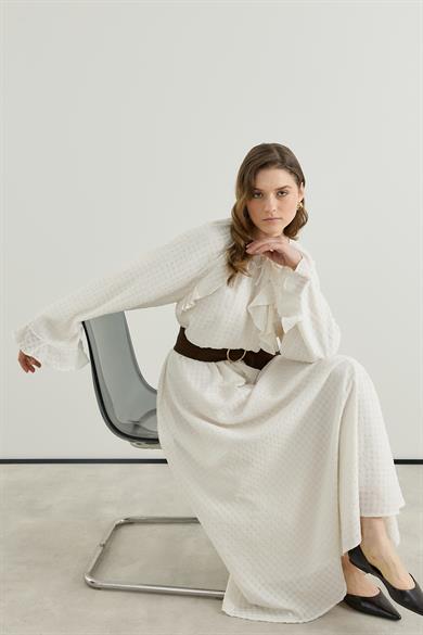 ---------- Volan Detaylı Bluz Etek Gofre Astarlı Takım Ekru