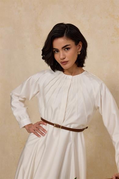 Godeli Nervürlü Elbise Beyaz