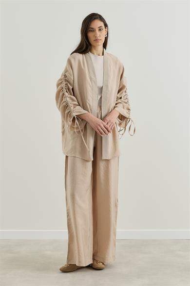 Outlet Kolu Büzgülü Modal Kimono Takım Bej