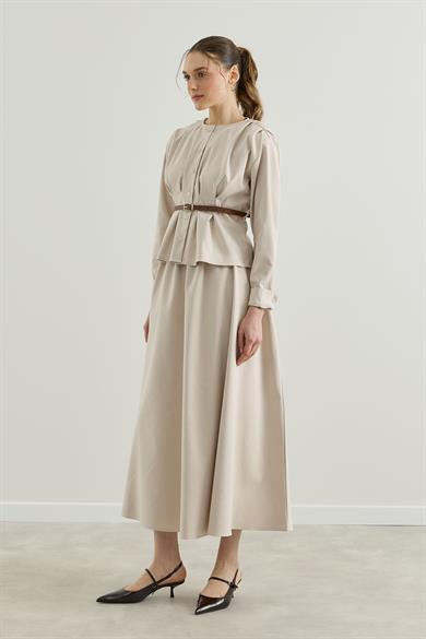 Pileli Kemerli Gömlek Etek Takım Taş