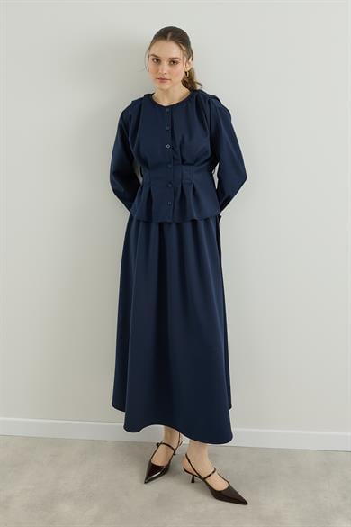 Pileli Kemerli Gömlek Etek Takım Lacivert