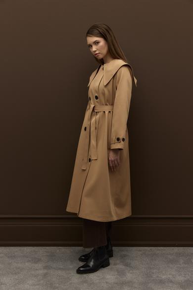 Elora Yaka Detaylı Pamuklu Gabardin Kruvaze Trençkot Camel