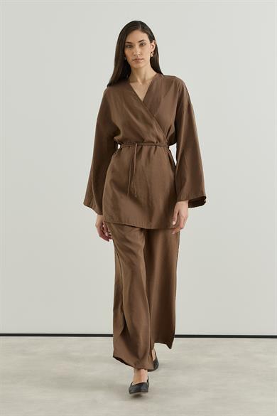 Anvelop Kapamalı Pantolonlu Kimono Takım Kahverengi