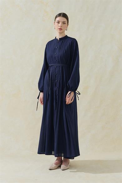 Nervürlü Astarlı Vual Elbise Lacivert