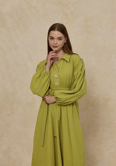 Bloom Bel Lastikli Büyük Düğmeli Elbise Yağ Yeşili