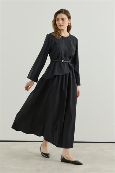 Asimetrik Bluzlu Kemerli Etek Takım Siyah 