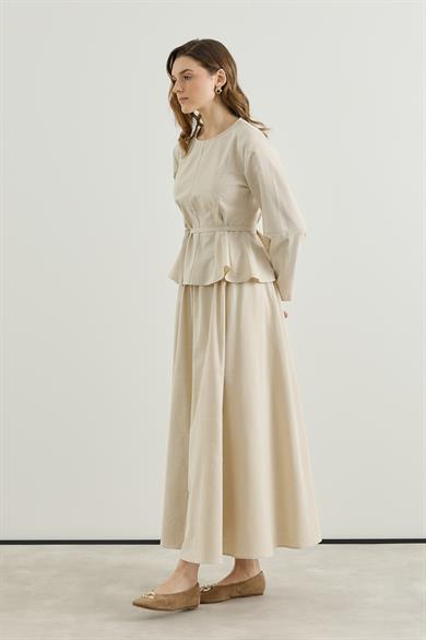 Bluzu Volanlı Etekli Keten Takım Bej 
