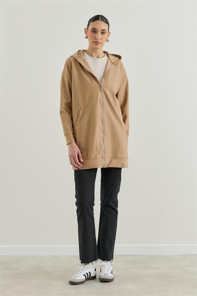 Kapüşonlu Fermuarlı Sweatshirt Camel