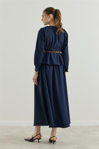 Pileli Kemerli Gömlek Etek Takım Lacivert
