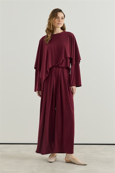 Asimetrik Kesim Tunik Pantolon Sandy Takım Bordo