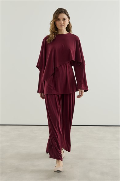 Asimetrik Kesim Tunik Pantolon Sandy Takım Bordo
