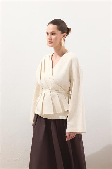 Pile Detaylı Anvelop Keten Kimono