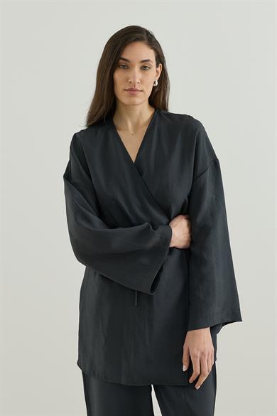 Anvelop Kapamalı Pantolonlu Kimono Takım Siyah