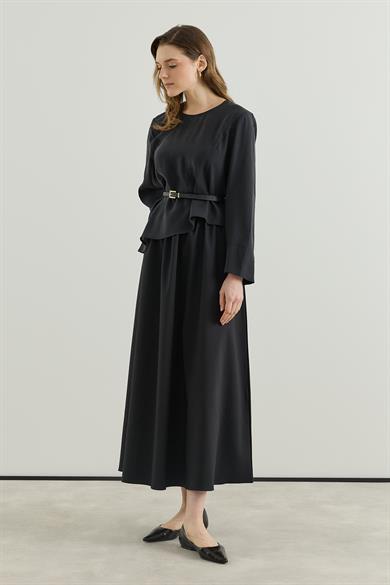 Asimetrik Bluzlu Kemerli Etek Takım Siyah 