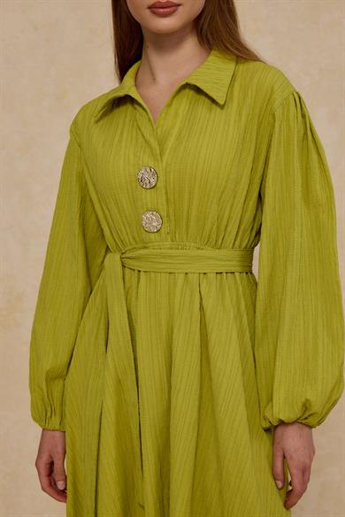 Bloom Bel Lastikli Büyük Düğmeli Elbise Yağ Yeşili