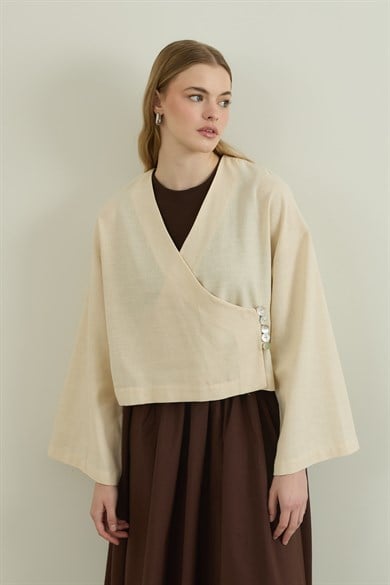 Keten Sedef Düğmeli Kimono