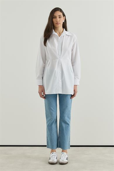 Belden Oturtmalı Pamuk Poplin Gömlek  Ekru