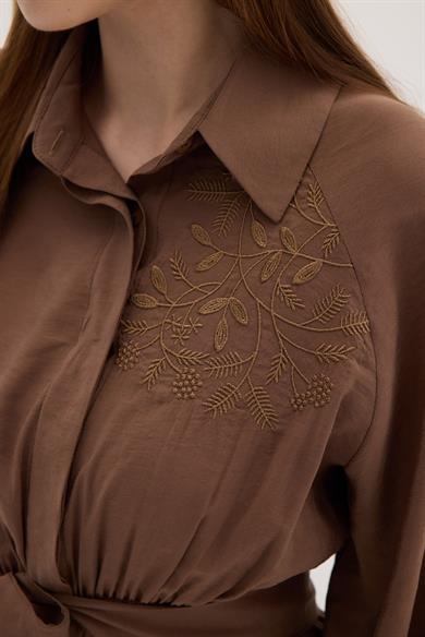 Nakışlı Modal Elbise Kahverengi