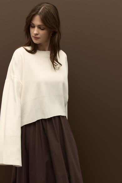 Ribana Geçişli Cropped Triko Kazak Ekru