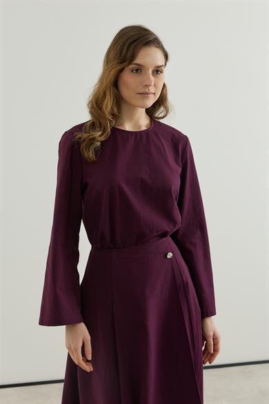Asimetrik Kapamalı Pileli Etek bluz Keten Takım Bordo
