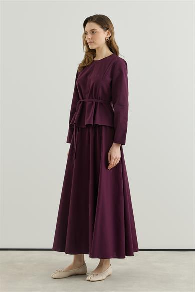 Bluzu Volanlı Etekli Keten Takım Bordo