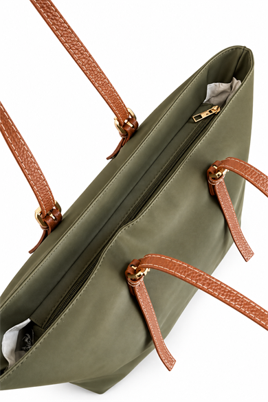 İnce Askılı Deri Detaylı Shopper Çanta