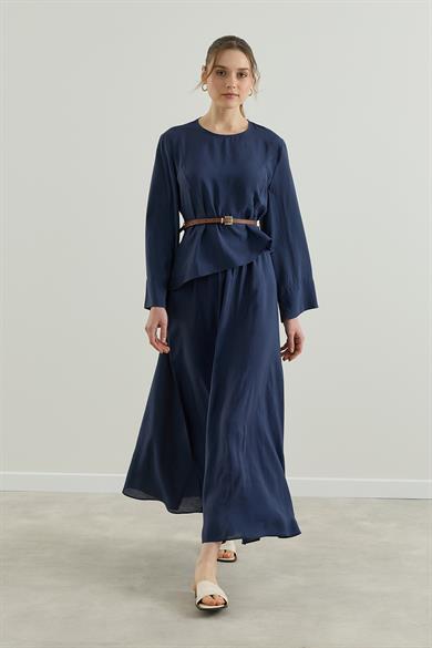Asimetrik Bluzlu Kemerli Etek Takım Lacivert 