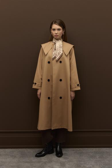 Elora Yaka Detaylı Pamuklu Gabardin Kruvaze Trençkot Camel
