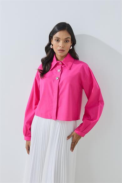 Düğme Detaylı Crop Gömlek Fuşya