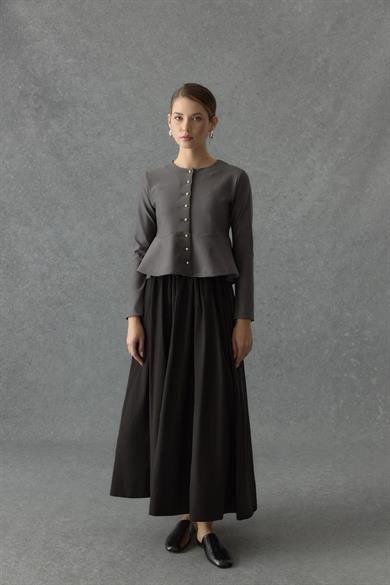 Çelik interlok Sık Düğmeli Volanlı Hırka Füme