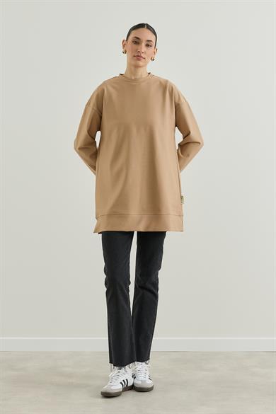 Üç İplik Kapüşonlu Fermuarlı Sweatshirt bej