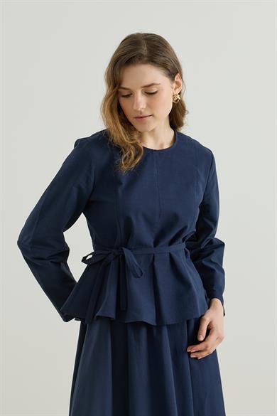 Bluzu Volanlı Etekli Keten Takım Lacivert